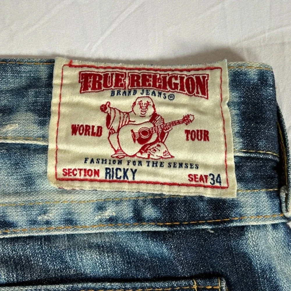 True Religion Ricky Jeans Mens 40 Acid Wash Straight Leg Blue White Made in USA
